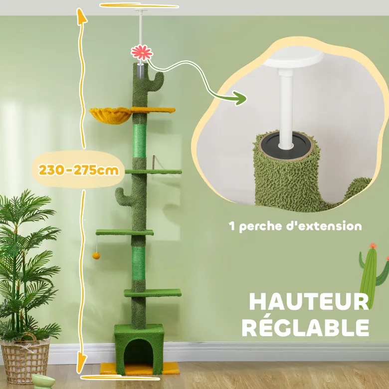 Arbre à chat cactus du sol au plafond - h.230-275 cm - équipement multiple