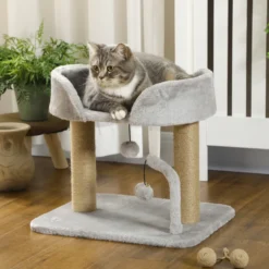 Arbre à chat 2 griffoirs jute naturelle panier jeu boules suspendues
