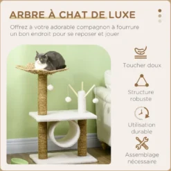 Arbre à chat style cosy chic fleur peluche blanche quenouille tressée