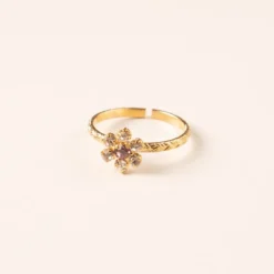 Bague réglable dorée fleur cristal lilas