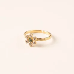Bague réglable dorée fleur cristal vert