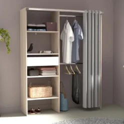 Bali dressing avec rideau 4 étagères 2 penderies et un tiroir bois et blanc