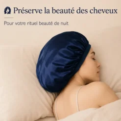 Bonnet de nuit en satin effet soie anti-frisottis, taille unique, bleu nuit