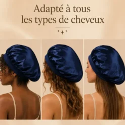 Bonnet de nuit en satin effet soie anti-frisottis, taille unique, bleu nuit