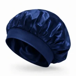 Bonnet de nuit en satin effet soie anti-frisottis, taille unique, bleu nuit