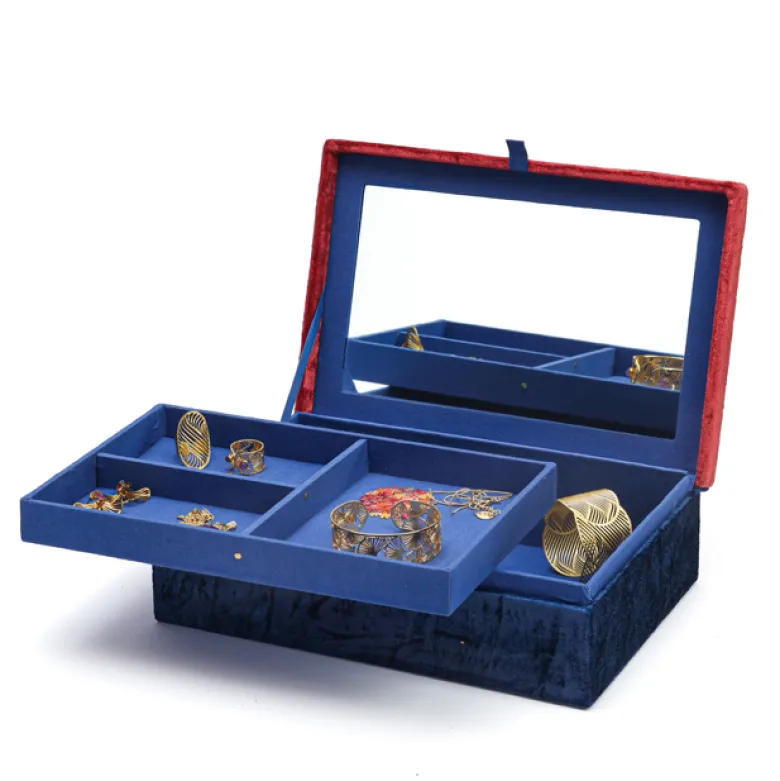 Boîte à bijoux broderie artisanale rouge et bleu