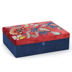 Boîte à bijoux broderie artisanale rouge et bleu