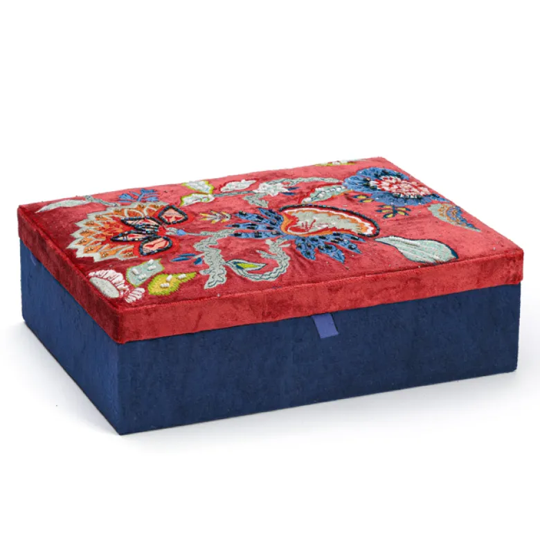 Boîte à bijoux broderie artisanale rouge et bleu