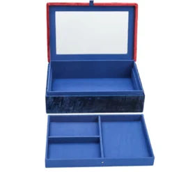 Boîte à bijoux broderie artisanale rouge et bleu