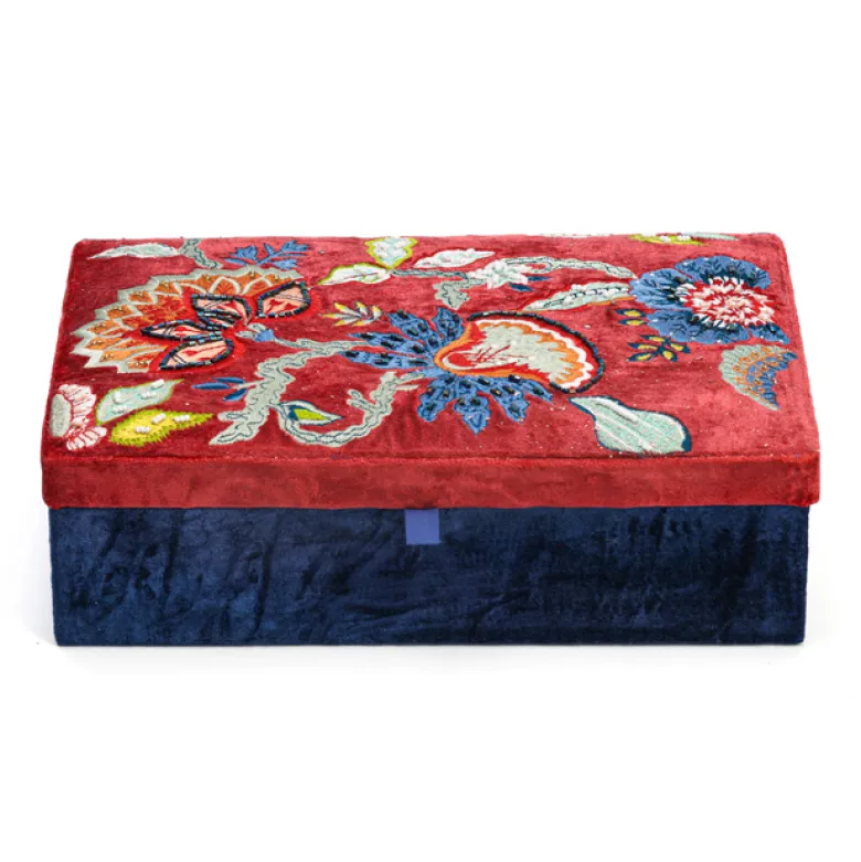 Boîte à bijoux broderie artisanale rouge et bleu