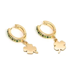 Boucles créoles en acier inoxydable doré motif trèfle et strass