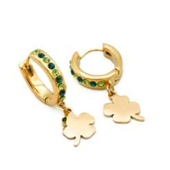Boucles créoles en acier inoxydable doré motif trèfle et strass