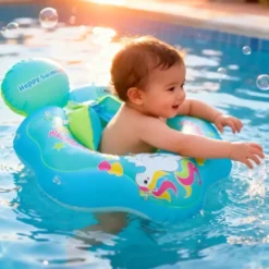 Bouée bébé anti-uv avec pare-soleil amovible modèle licorne m bleu vert
