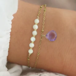 Bracelet double rang pierre d'améthyste et perles de nacre