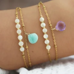 Bracelet double rang pierre d'améthyste et perles de nacre