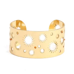 Bracelet manchette Soleil artisanal en acier inoxydable doré et perles de verre