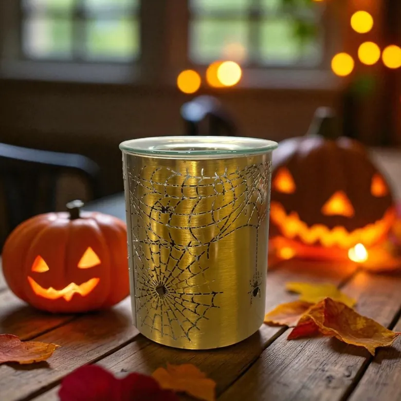 Brûle-parfum halloween métal doré – motif toile d’araignée – 50 ml