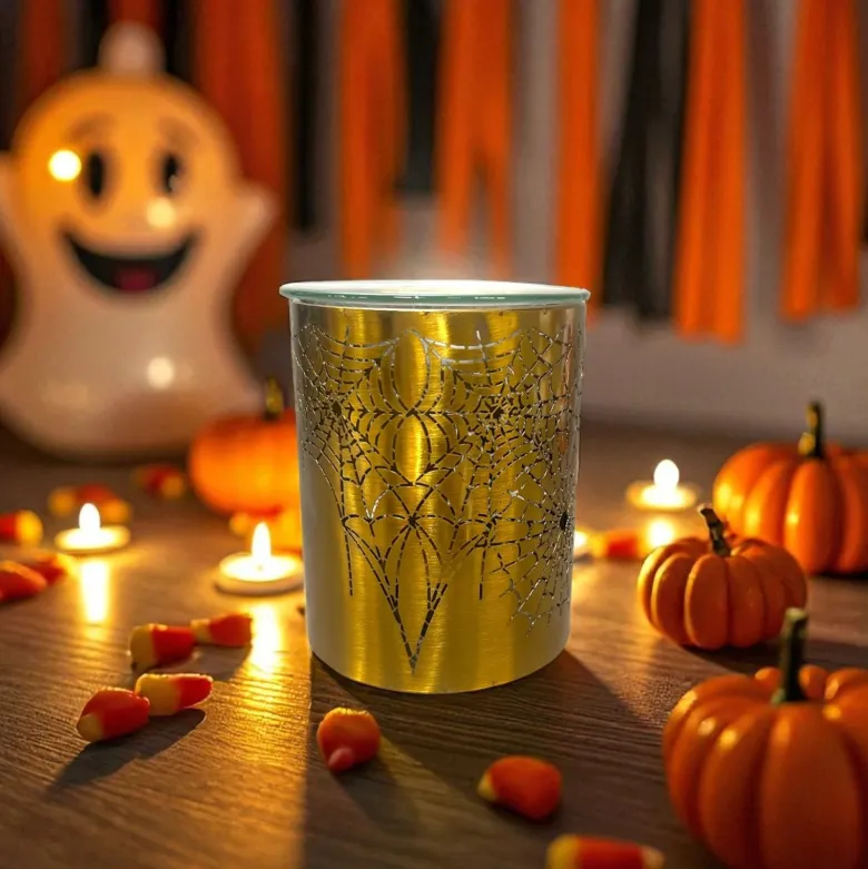 Brûle-parfum halloween métal doré – motif toile d’araignée – 50 ml