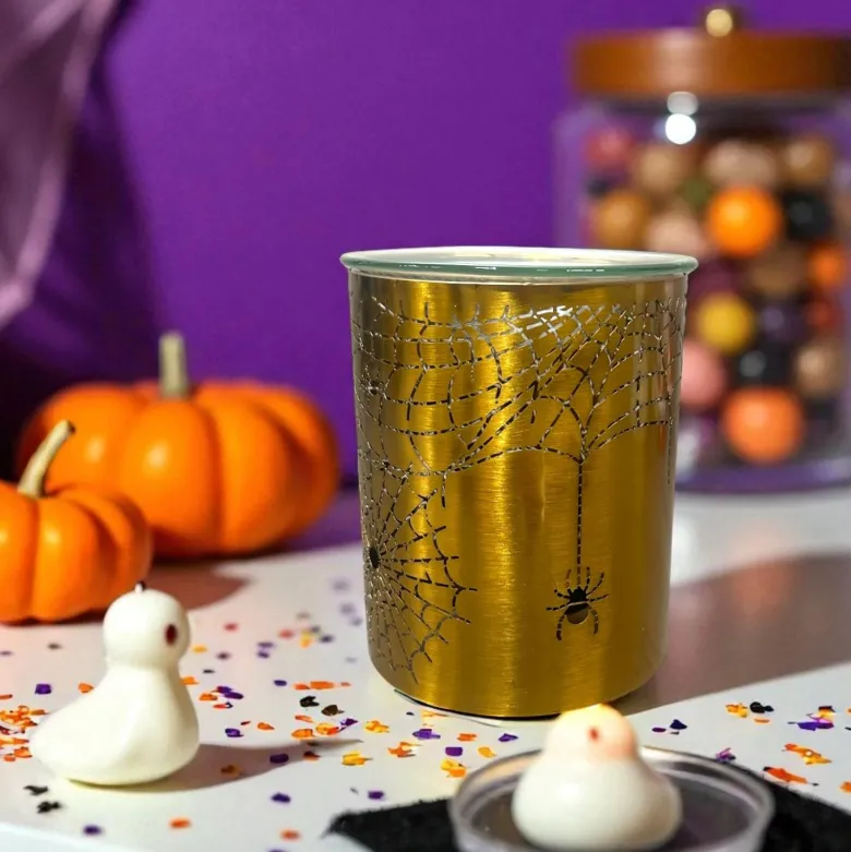 Brûle-parfum halloween métal doré – motif toile d’araignée – 50 ml