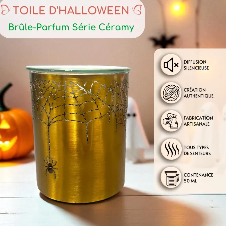 Brûle-parfum halloween métal doré – motif toile d’araignée – 50 ml