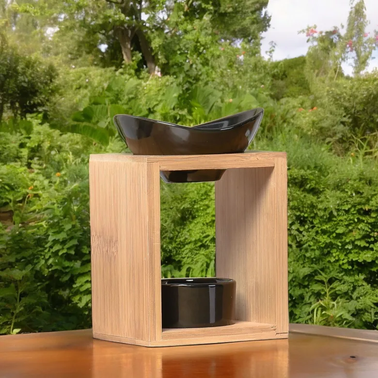 Brûle-parfum kalos en bambou et céramique laquée noire