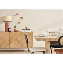Buffet en bois clair chêne massif gravé et métal noir 4 portes l180 cm archipel