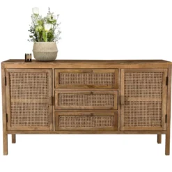 Buffet en bois de manguier et cannage 2 portes 3 tiroirs - tiki