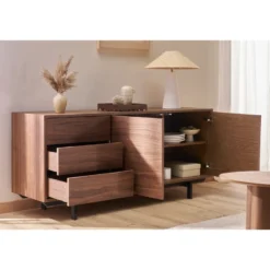 Buffet en bois foncé noyer 2 portes 3 tiroirs l160 cm manny