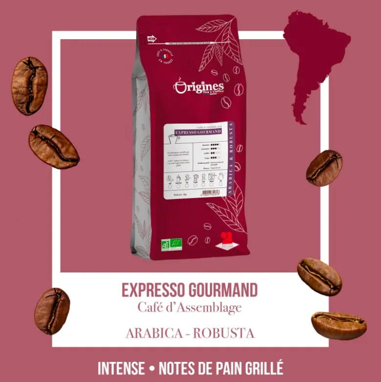 Café bio - expresso gourmand - blend arabica et robusta - grain 1kg