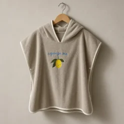 Cape de bain bébé à capuche, éponge 70 x 70 cm, broderie citron