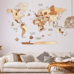 Carte du monde en bois 3d ambrée xl