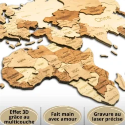 Carte du monde en bois 3d ambrée xl