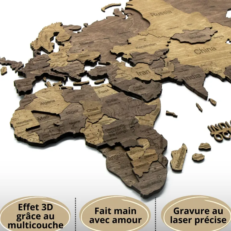 Carte du monde en bois 3d chocolate m