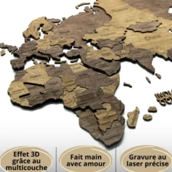 Carte du monde en bois 3d chocolate xl
