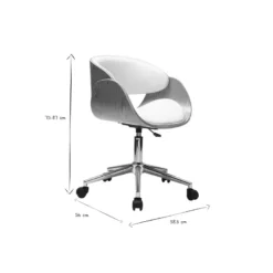 Chaise de bureau à roulettes blanc, bois clair et acier chromé bent