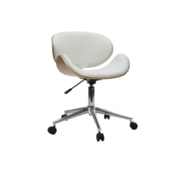 Chaise de bureau à roulettes blanc, bois clair et acier chromé walnut