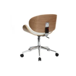 Chaise de bureau à roulettes blanc, bois clair et acier chromé walnut
