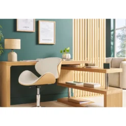 Chaise de bureau à roulettes blanc, bois clair et acier chromé walnut