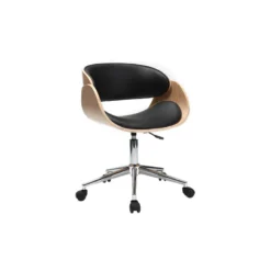 Chaise de bureau à roulettes noir, bois clair et acier chromé bent