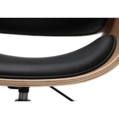 Chaise de bureau à roulettes noir, bois clair et acier chromé bent