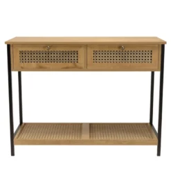 Charlie - console bois marron 2 tiroirs 1 étagère cannage pieds métal