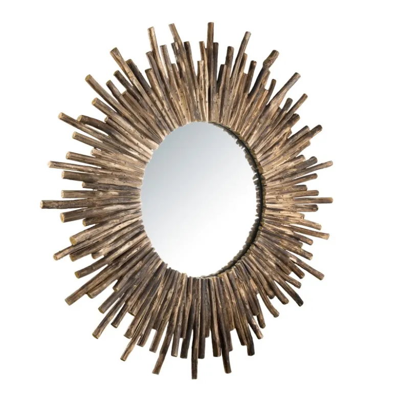 Clara - miroir rond marron 90x90cm soleil branches bois teck