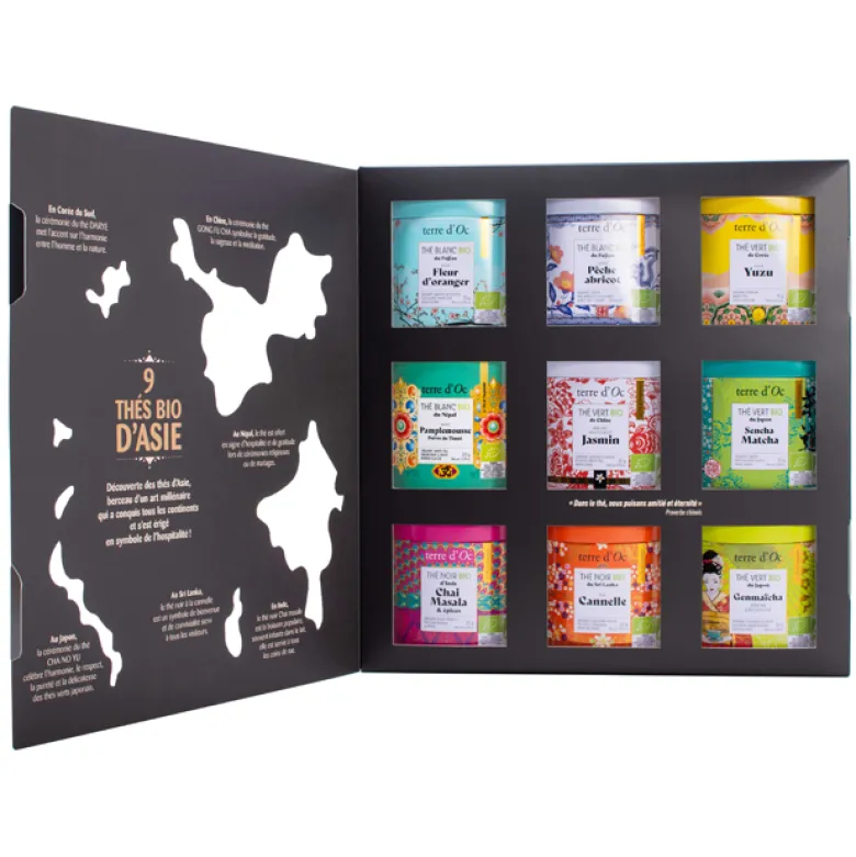Coffret 9 boîtes collection de thés bio d'Asie terre d'Oc