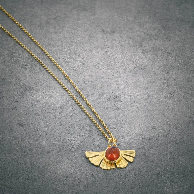 Collier Ginkgo ambre et argent doré
