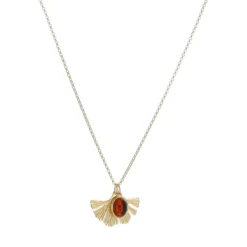 Collier Ginkgo ambre et argent doré