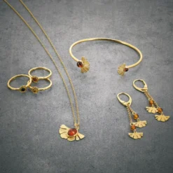 Collier Ginkgo ambre et argent doré