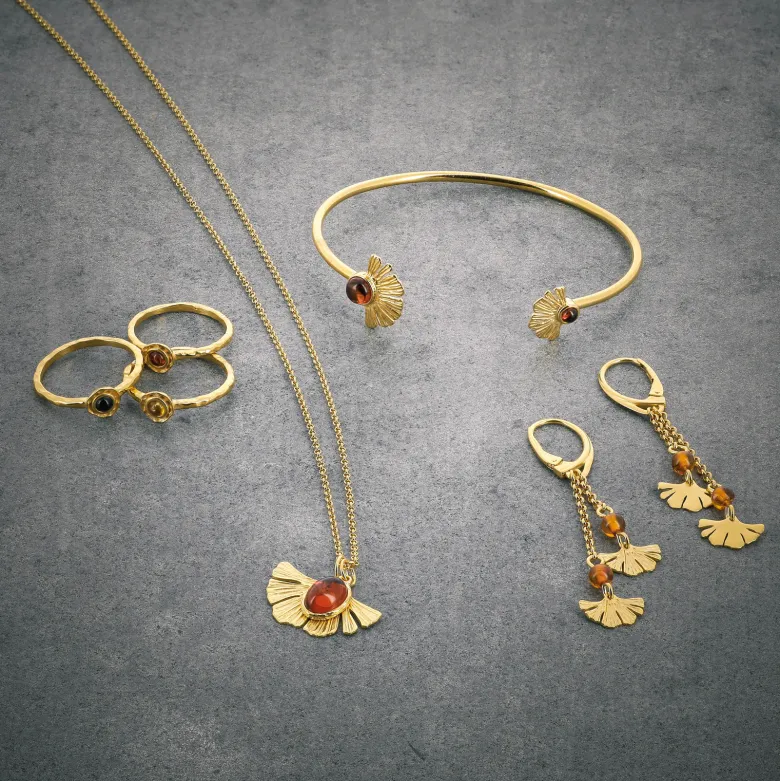 Collier Ginkgo ambre et argent doré