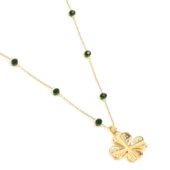 Collier sautoir en acier inoxydable doré motif trèfle et perles de verre