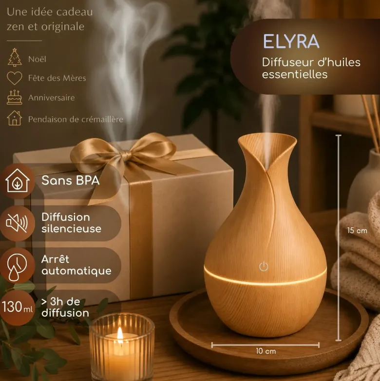 Diffuseur d'huiles essentielles ultrasonique usb elyra compact, 7 couleurs led