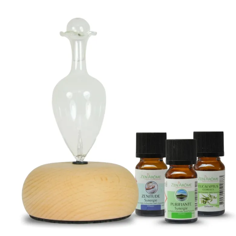 Diffuseur nébulisation bao + 3 huiles télétravail, pack aromathérapie focus